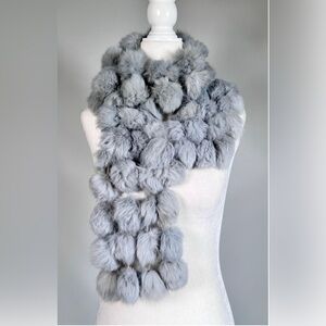 Gray Genuine Rabbit Fur Rectangle Scarf with Pom Pom Accent for Women